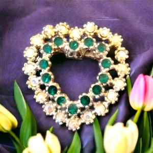 1950s vintage heart brooch with clear and green rhinestones